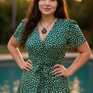 Dress Two Piece Green Floral Pattern Size Large